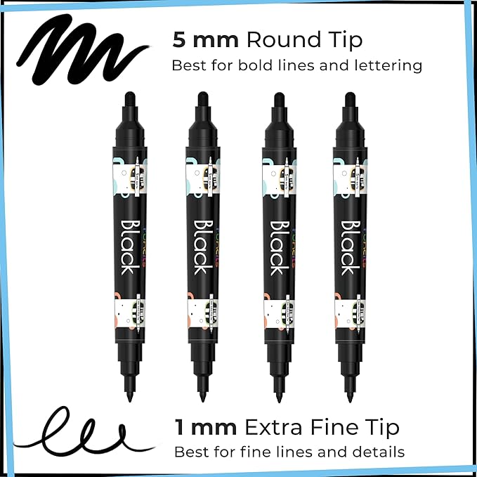 4 Dual Tip Black Paint Pens - Fine Point & Medium - Black Paint Marker for Fabric, Wood, Rock Painting, Canvas, Plastic, Glass, Tire and Shoes - Acrylic Pens for Kids & Adults