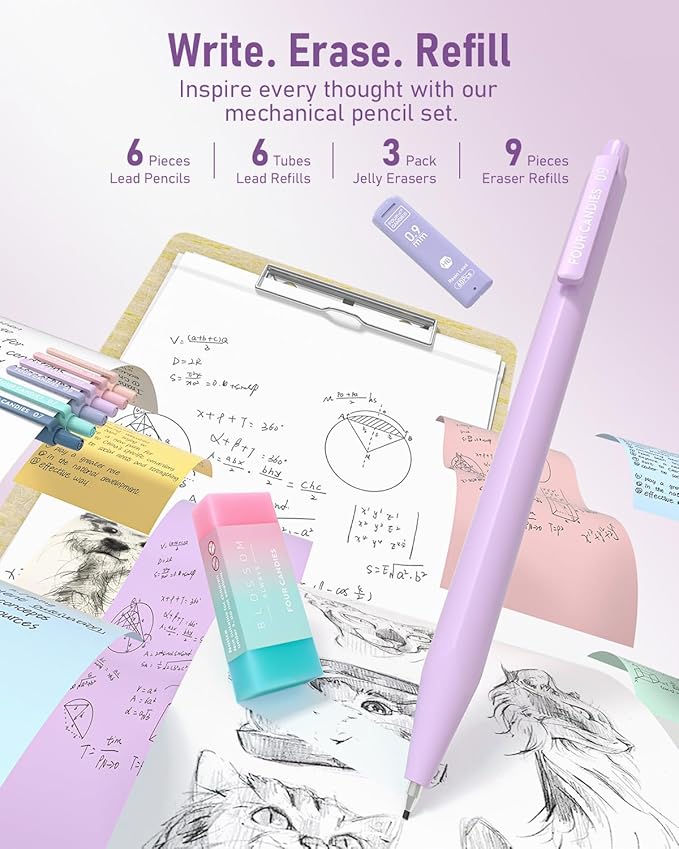 Four Candies 39 PCS Aesthetic School Supplies with Cute Pen Case, 12 Pastel Highlighters, 5 Black Ink Gel Pens, 6 Mechanical Pencils Set for Students Stationary College Essentials (Purple)
