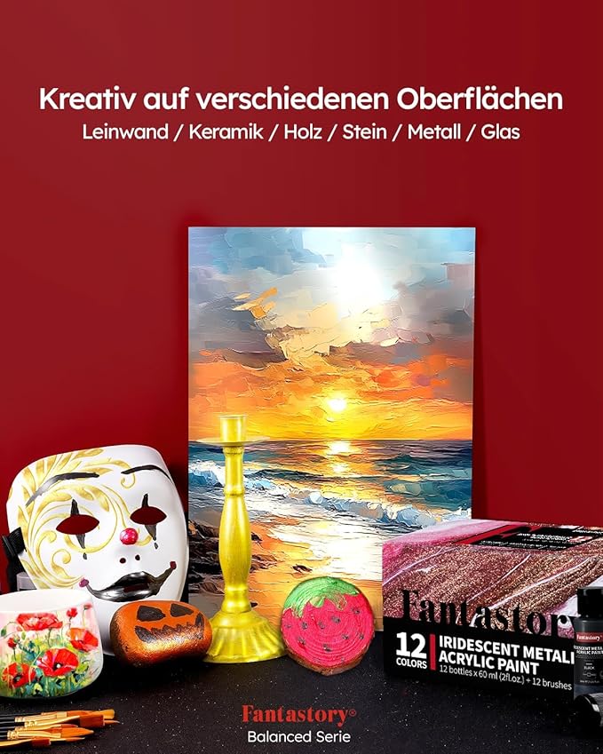 Fantastory Metallic Iridescent Acrylic Paint Set with 12 Brushes, 12 x 2oz Metallic Colors, Color-Shifting, Craft Paint Kit, Metal/Canvas/Rock/Stone/Ceramic/Model/Wood Painting [Balanced Series].