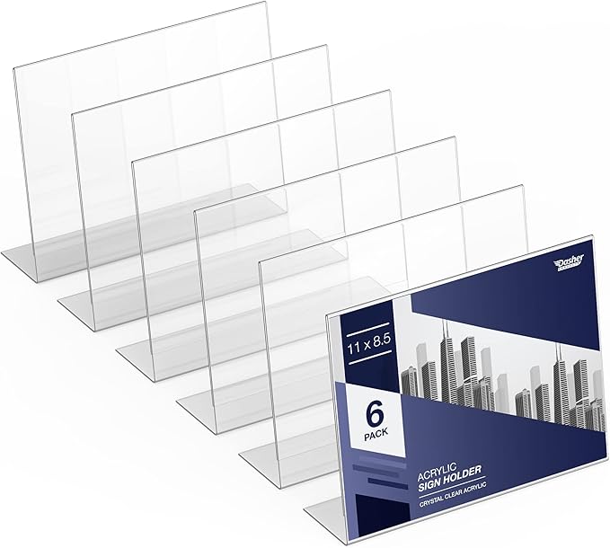 Slant Back Acrylic Sign Holder 11 x 8.5 Inches, 6-Pack Landscape Ad Frame, Flyer Display Stand. Menu and Table Sign Holder for Home, Office, Store, or Restaurant. Acrylic Stands for Paper and Signage