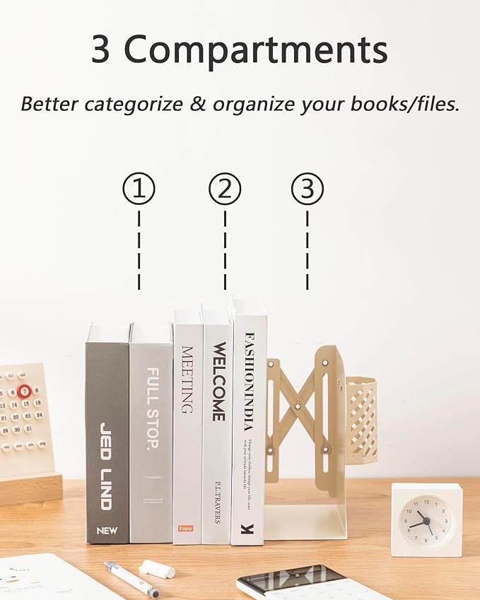 Kingsmile Book Ends, Adjustable Bookends for Shelves, Metal Bookends for Heavy Books, Book Stopper Organzier with Pen Holder for Desk, Kids Room, Office, Classroom, Library, Study Room.(Light Beige)