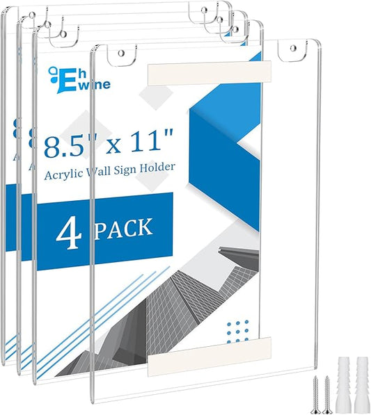 EHWINE 4 Pack 8.5x11 Wall Mount Acrylic Sign Holder, Acrylic Wall Sign Photo Menu Flyer Display Holder, Plastic Clear Picture Adhesive Frames for Office Business Store (Provide Mounting Screws)