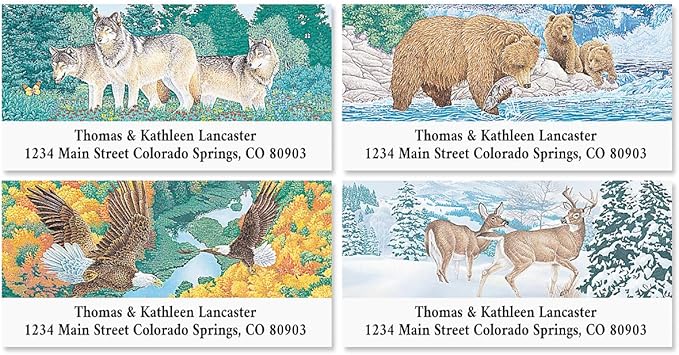 American Wildlife Personalized Return Address Labels- Set of 144, Large Self-Adhesive, Flat-Sheet Labels (4 Designs) by Colorful Images