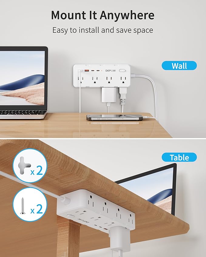 2 Prong Power Strip, 2 to 3 Prong Outlet Adapter with 8 AC & 4 USB Ports (2 USB C), 5FT Extension Cord, 1700J Two Prong Surge Protector, Wall Mountable, Ideal for Old House Non-Grounded Outlets
