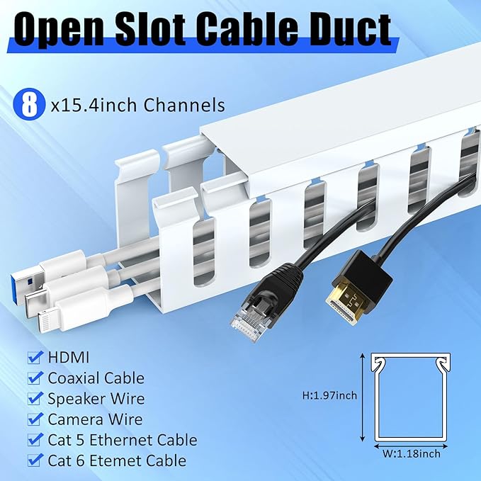 Open Slot Wiring Raceway Cable Duct, 123in Cable Management Channel Cord Track,Desk Wire Channel, Under Desk Cable Management to Hide Cables, Wires for Computers - 8x15.4in x1.18in x1.57in
