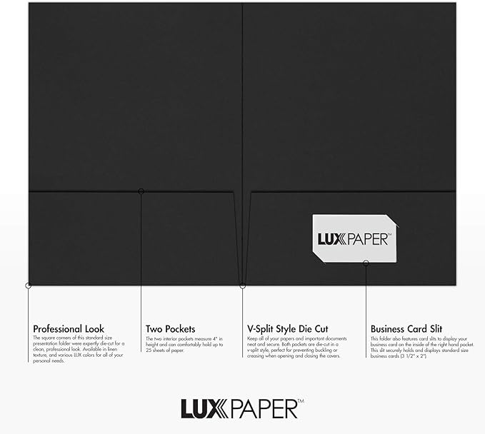 LUXPaper 9" x 12" Presentation Folders | Two Pocket | Midnight Black | 100lb. Cover | 10 Qty
