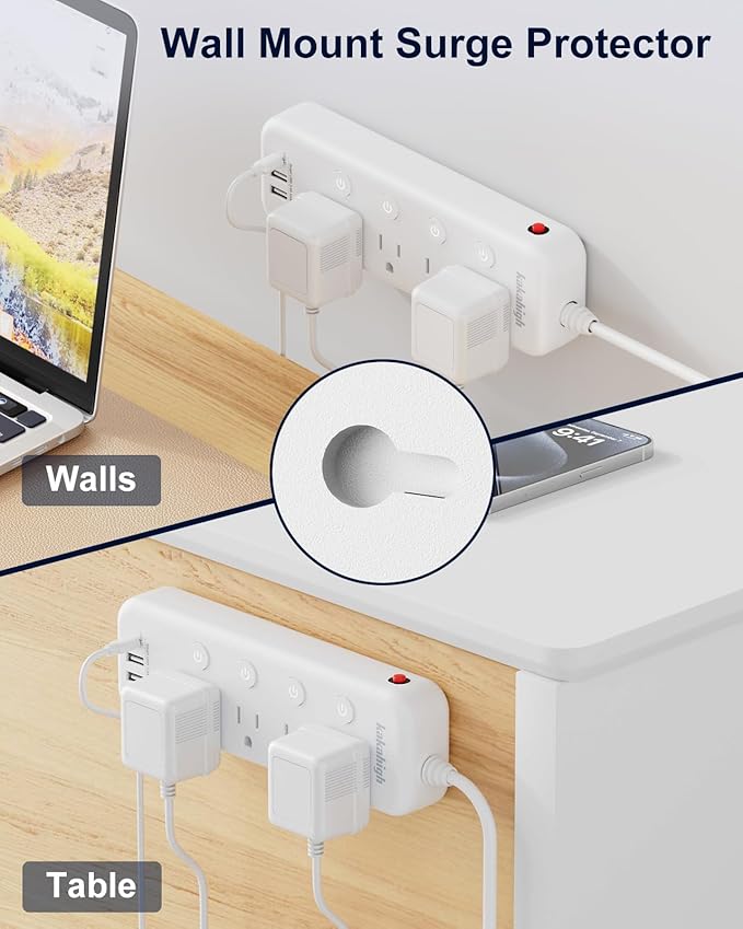 Appliance Extension Cord with Individual Switches on Off - 5 FT, 14 Gauge Heavy Duty Extension Cord with USB Ports, 8 outlets, High Wattage for Microwave, Workbench, Kitchen, Garage Must Have