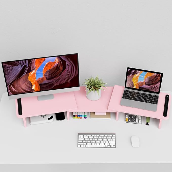 Zimilar Dual Monitor Stand Riser, Monitor Stand with Adjustable Length and Angle, Wood Monitor Stand for Desk, Monitor Riser for 2 Monitors with Storage Space