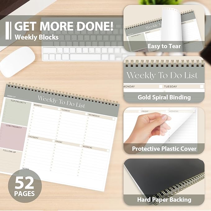 Weekly To Do List Notepad, Undated Planner with 52 Sheets (8.5''x11''), Desk Weekly Planner for Women & Man, Home School & Work