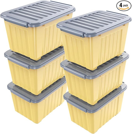 Nazhura Plastic Storage Bin, Stackable and Nestable Storage Boxes with White Lids and Secure Latching Buckles, Large Storage Container (Yellow/Purple, 72Quart-6Pack)