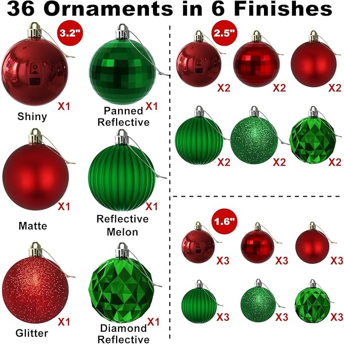 Red & Green Christmas Ornaments - Christmas Tree Decorations Shatterproof Hanging Balls for Birthday Wedding Holiday Decor Set of 36pcs, Multi-Sizes(1.6",2.5",3.2")