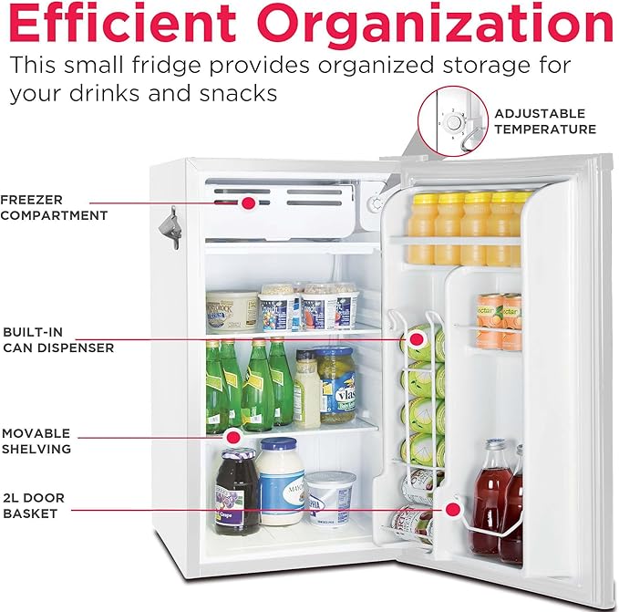 Frigidaire Retro Compact Fridge with Chiller, 3.2 cu ft Countertop Fridge with Built-In Bottle Opener, Compact Refrigerator for Office, Bedroom, Dorm Room or Cabin - 18.7"D x 19.01"W x 33.27"H (White)