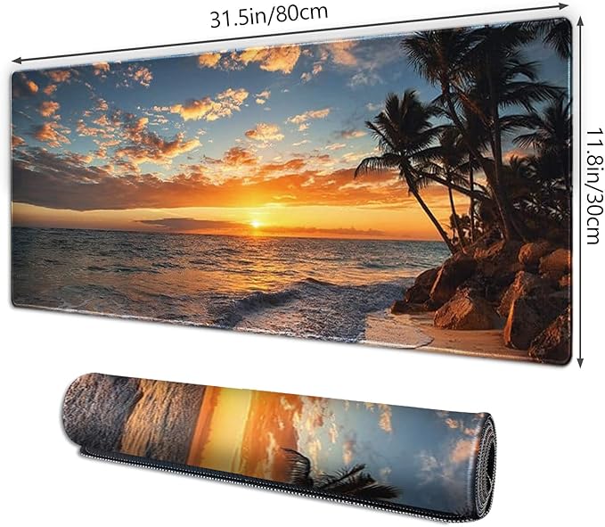 Galdas Gaming Mouse Pad XXL XL Large Mouse Pad Mat Long Extended Mousepad Desk Pad Non-Slip Rubber Mice Pads Stitched Edges Thin Pad (31.5x11.8x0.12 Inch)-Sunset Beach