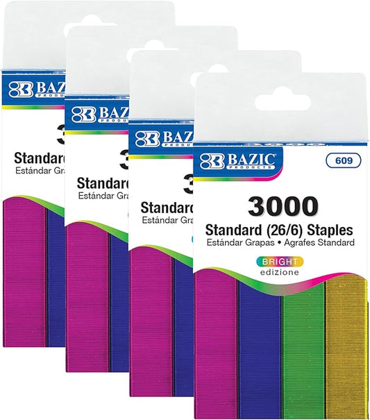 BAZIC Products Staples Standard 26/6 Metallic Color 3000/Pack Refill for Stapler, Ideal Office Staples for Home, School & Business, Assorted Colors, 4-Packs