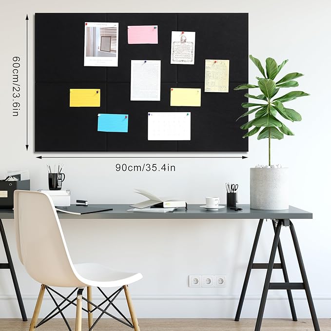 Large Cork Board 36" x 24", 6 Pack Felt Wall Tiles with 30 Pcs Pushpins, Bulletin Board with Removable Self-Adhesive Strips, Pin Boards Cork Boards for Walls Office Home Classroom Decor-Black