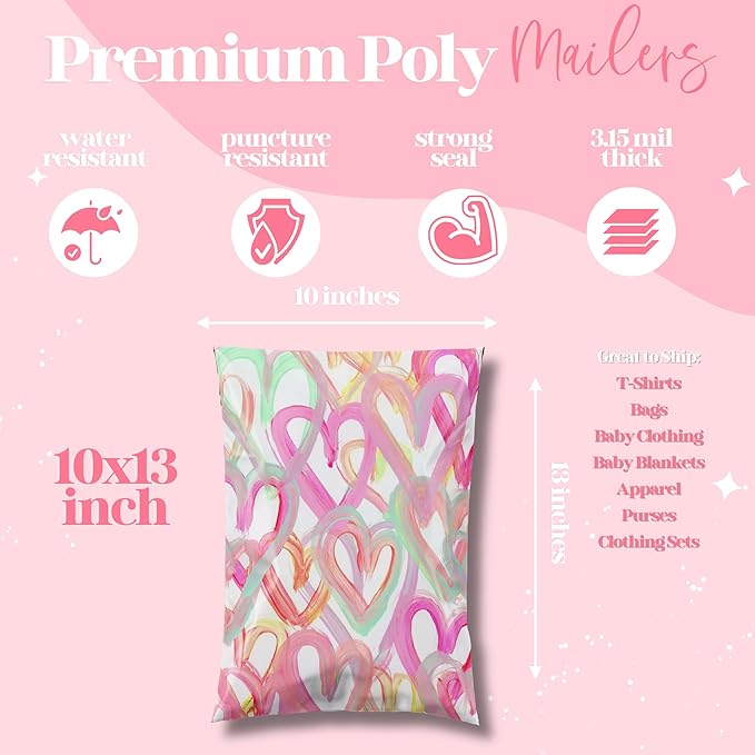 10x13 Designer Poly Mailer 100 Pack Heavy Duty Waterproof Self Seal Shipping Bags for Small Business Large Mailing Envelopes Bulk Tear Resistant Cute Packaging Happy Hearts