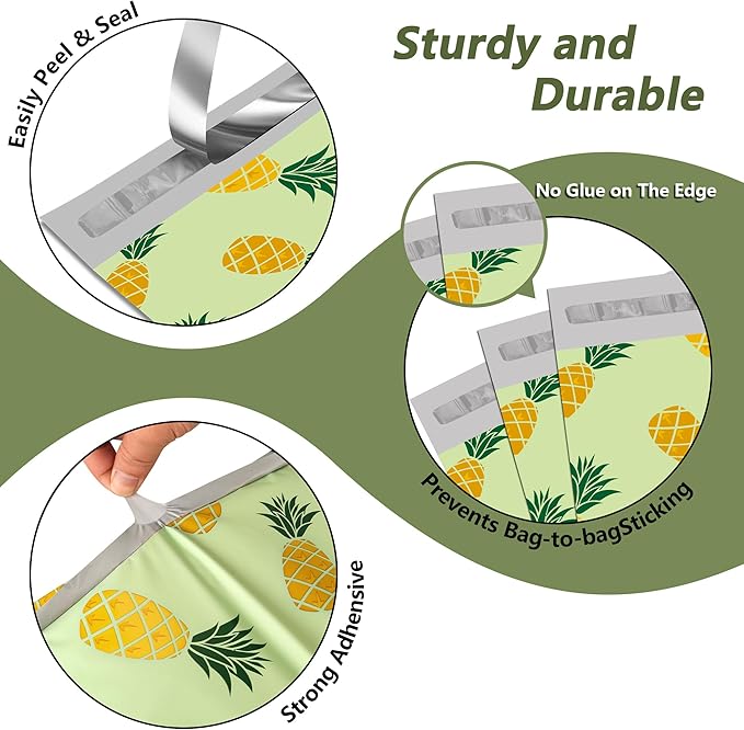 Poly Mailers 12x15.5 Inch 50 Pcs - Pineapple printed Shipping Bags, 2.4mil Thickness, Waterproof and Tear Resistant Mailing Envelopes, Self-Sealing Packaging Bags for Small Business
