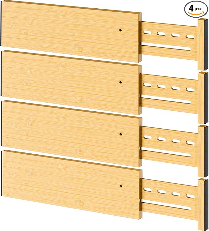 Bamboo Drawer Dividers 4" High, 12.8-18" Adjustable Drawer Organizers for Clothes,Expandable Dresser Separators in Bedroom/Kitchen/Bathroom/Office Organization and Storage,4 Pack
