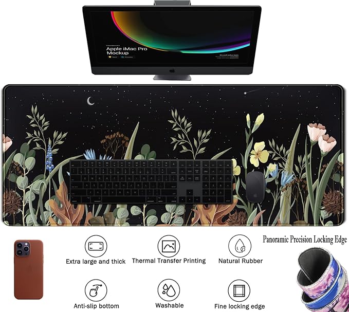 Cute Gaming Black Wild Flowers Desk Mat Mouse Pad Star Moon Floral Mousepad Large, XL Big Computer Keyboard and Mouse Mat Desk Pad Mat with Stitched Edge for Women Office Decor Deskmat 31.5x11.8 in