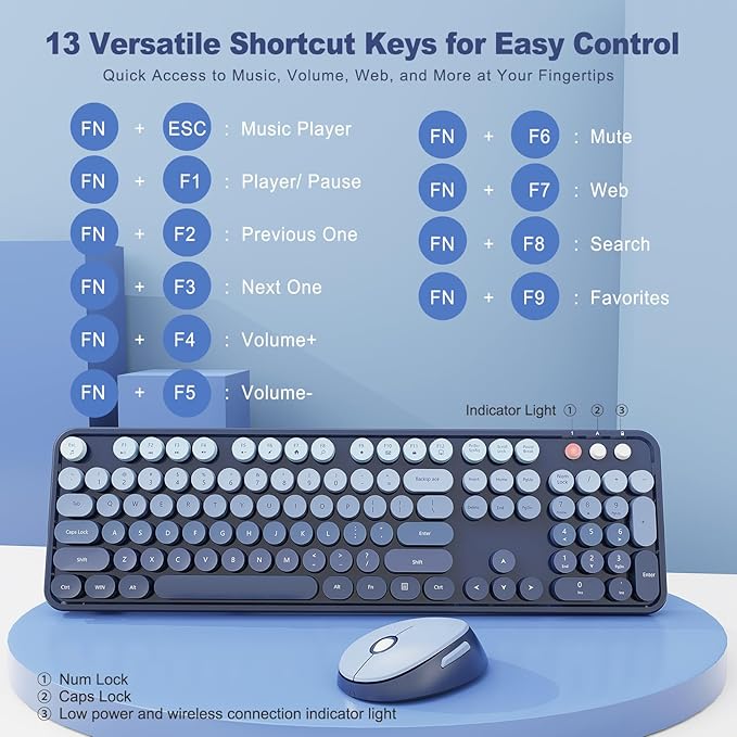 Wireless Keyboard and Mouse Combo, Retro Typewriter Keyboard with Round Keycaps, Full-Size Ergonomic, Blue, Ideal for Windows PC, Home, Office, and College, Wireless Keyboard Mouse Combo