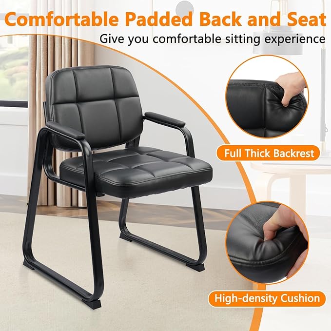 CLATINA Waiting Room Guest Chair with Bonded Leather Padded Arm Rest for Office Reception and Conference Desk Black with Sled Base 6 Pack