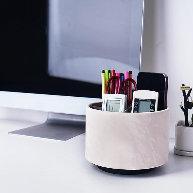 Hennaja Round Leather Art Supply Organizer,Remote Control Holder,360 Degree Spinning,Multi-Functional Pencil Holder,4 Compartments Desktop Stationary Organizer(1-Hill White)