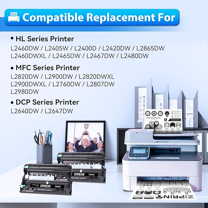 ZIPRINT DR830 DR-830 Drum 2 Pack Compatible Replacement for Brother tn830xl dr830 dr-830 Drum Unit for HL-L2460DW DCP-L2640DW HL-L2405W MFC-L2820DW MFC-L2900DW HL-L2480DW Printer