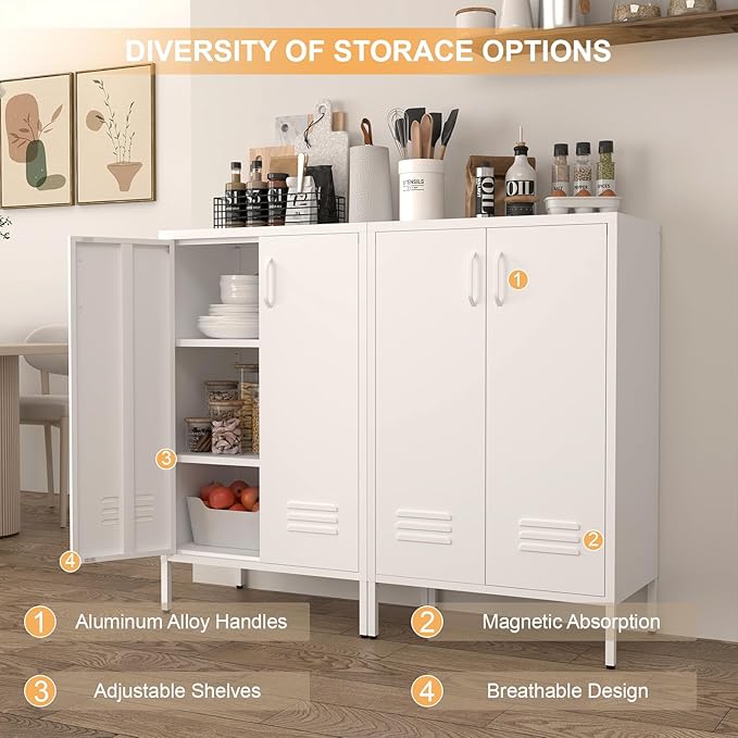 Metal Cabinet Storage,Metal Shoe Cabinet with Shelves,2 Door Storage Cabinet for Living Room,Entryway,White