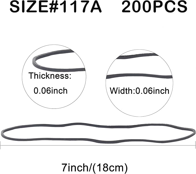 AMUU Rubber Bands Size #117A 200pcs Large Rubber Bands for Trash Cans Big Elastic Bands for Office Supplies File Folders Litter Box (7" x 1/16") (Black)