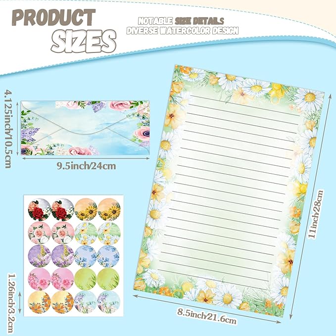 TaoBary 160 Pcs Stationery Paper Set 50 Double Sided Stationery Papers with 50 Matching Envelopes and 60 Round Dot Sticker, 10 Design(Flower,8.5 x 11 Inch)