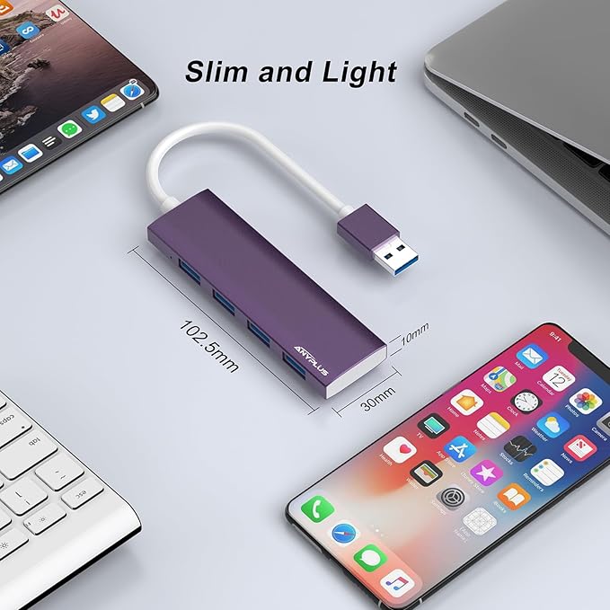 USB Hub, USB 3.0 Hub Aluminum Alloy Ultra Slim USB Splitter, Portable 4 Port USB Extender, USB Hub for Laptop, PC, MacBook, iMac, Surface Pro, Mac Pro, Flash Drive, XPS 【Purple】
