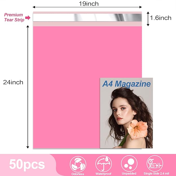 JinRuiKJ Thank You Poly Mailer 19x24 Inch 50 PCS, Shipping Bags for Clothing, Packaging Bags for Small Business, Strong Adhensive, Waterproof and Tear-Resistant Mailing Envelopes, Pink