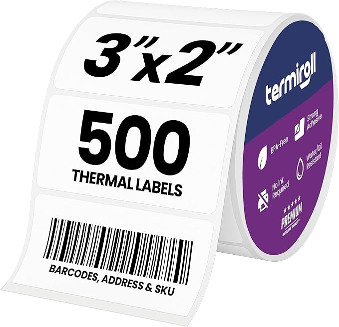 3x2 Thermal Label for Barcode, Price, Mailing & Name – 500 White Labels/Roll – Perforated – Compatible with Rollo, Zebra, iDPRT, Munbyn – Strong Adhesive, BPA-Free, Commercial Grade by Termiroll