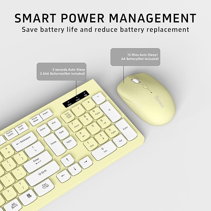 Wireless Keyboard and Mouse Combo, Full-Sized Wireless Keyboard and Adjustable DPI Mouse, 2.4GHz USB Receiver, Keyboard and Mouse for PC, Windows, Desktop, Laptop (Canary Yellow)