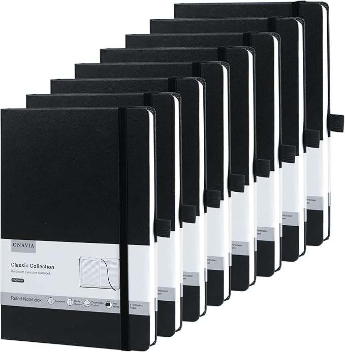 8 Pack Black Lined Journal Notebooks for Work, Travel, College, (A5 Size 100 GSM Thick Paper) - Classic Ruled, Hardcover Notepad for Writing 160 Pages, 5.5 x 8.3 inch, Multipack Journals