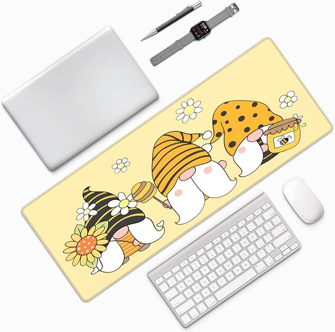 Famame Laptop Mouse Pad Cute Sunflower Bee Gnomes Desk Mat with Stitched Edges 31.5X 11.8 inch Non-Slip Large Keyboard Rubber Writing Table Mat for Office Home