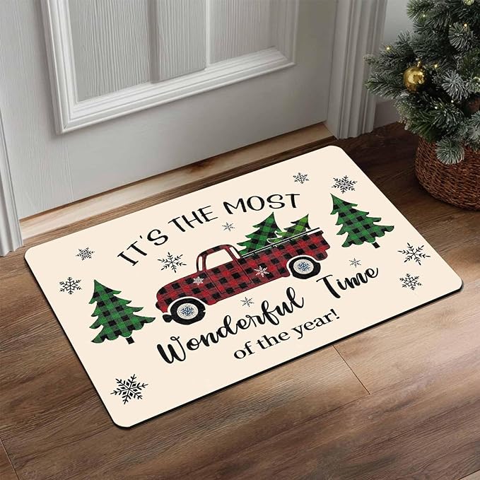 Merry Christmas Buffalo Plaid Truck Doormat Welcome Tree Mat Non Slip Holiday Xmas Front Door Mat for Entrance Indoor Home Bathroom Floor Decoration, 18" x 30"Inch