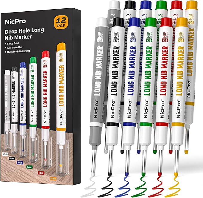 Nicpro 12 PCS Long Nib Marker Pens, 20mm Deep Hole Markers, Quick Dry & Waterproof Construction Marker, Long Head Mark Pens for Metal, Steel, Tile, Glass, Carpenter Marking Tool for Woodworking