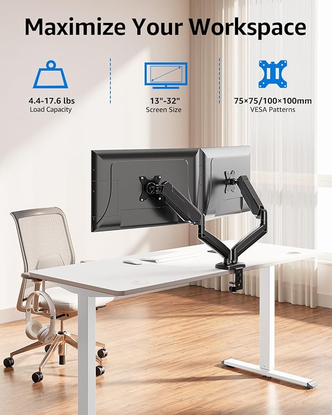 MOUNTUP Dual Monitor Stand for Desk, Pneumatic Monitor Arms for 2 Monitors Max 32 Inches, Height Adjustable Double Monitor Mount, VESA Mounts with C-Clamp & Grommet Base, Holds 4.4-17.6lbs, Black