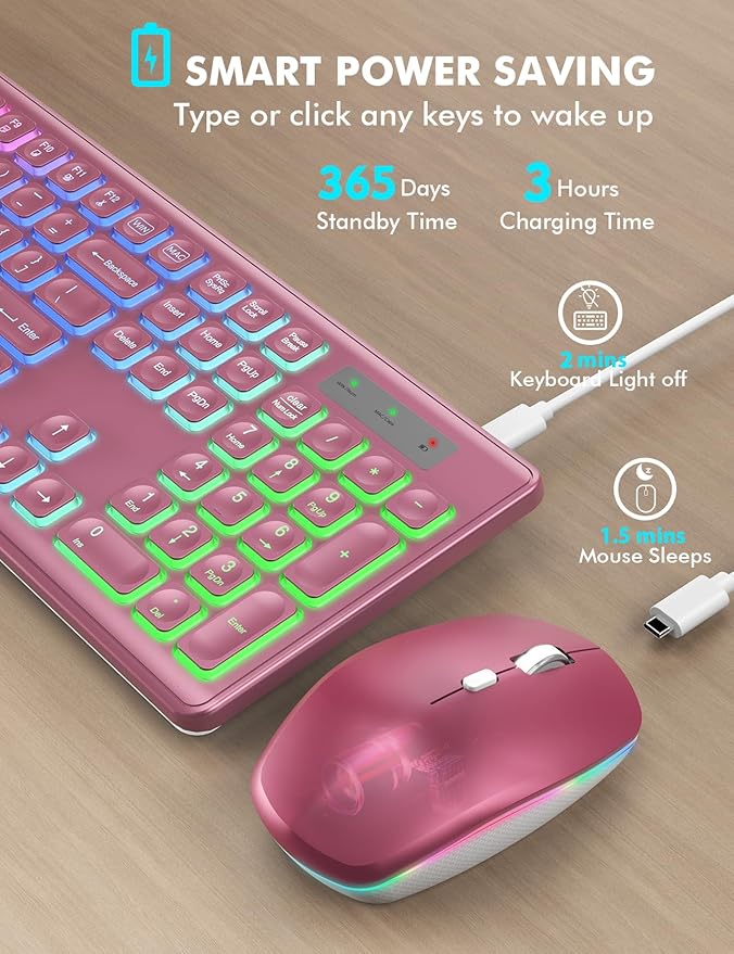 Wireless Keyboard and Mouse Combo - RGB Backlit, Rechargeable & Light Up Letters, Full-Size, Ergonomic Tilt Angle, Sleep Mode, 2.4GHz Quiet Keyboard Mouse for Mac, Windows, Laptop, PC