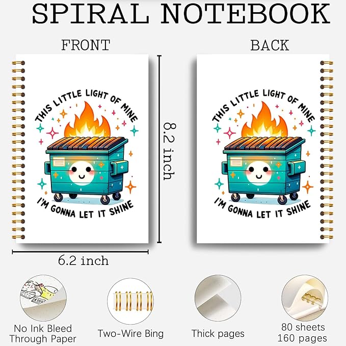 Guymn Dumpster Fire Notebook, Funny Office Work Humor Gifts for Coworkers, This Little Light of Mine Dumpster Fire Journal for Women Men, Hardcover Spiral Notebook 5.5x8.3 Inch