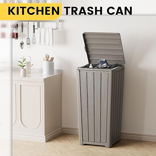 Outdoor Trash Can with Lid, Waterproof Resin Garbage Can with Tiered Lid, Outside Trash Bin for Patio, Kitchen, Backyard or Deck