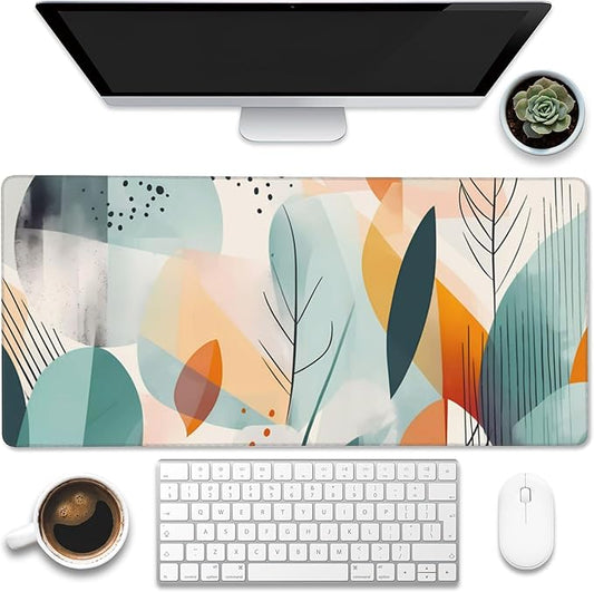 Desk Pad,Abstract Colorful Leaves Desk Mat,Abstract Line Art Large Gaming Mouse Pad for Desk,Extended Big Computer Keyboard Mouse Pad with Non-Slip Base and Stitched Edge,35.4"x15.7"