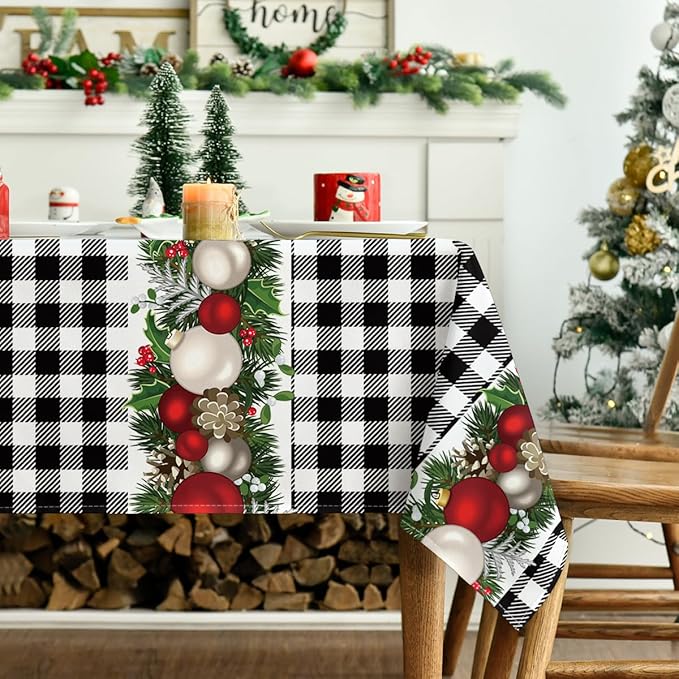 Horaldaily Christmas Tablecloth 60×84 Inch Rectangular, Christmas Ball Ornaments Black Bufalo Plaid Washable Table Cover for Party Picnic Dinner Decor