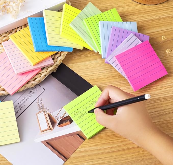 (12 Pads) Lined Sticky Notes 3x3 in Ruled Stickies Super Sticking Power Memo Pads Bright Colors