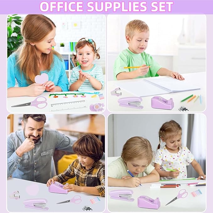 Office Supplies Set, Purple Stapler and Tape Dispenser Set with Staple Remover, Stapler and Staples Set with 1000 Staples, Clips, Tape, Scissor and Tabs, Desk Accessories for Women Student