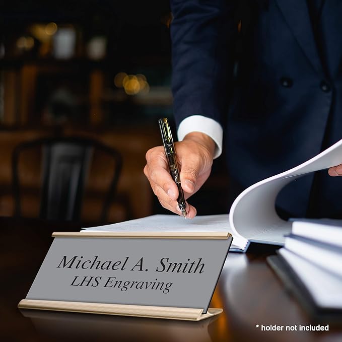 Door Name Plate Personalized for Office Gray Plastic Name Plate Black Letters - Made in USA 2x12 B8