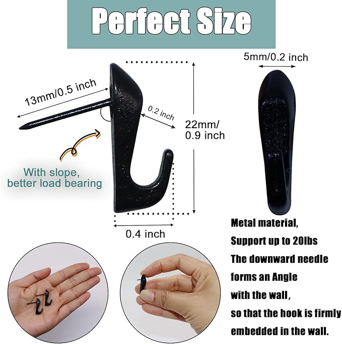 30 PCS Picture Hanging Nails Thumb Tacks for Wall Hangings, Heavy Duty Push Pins Wall Hooks for Drywall Cork Board, Picture Hanging Kit with Nails Black