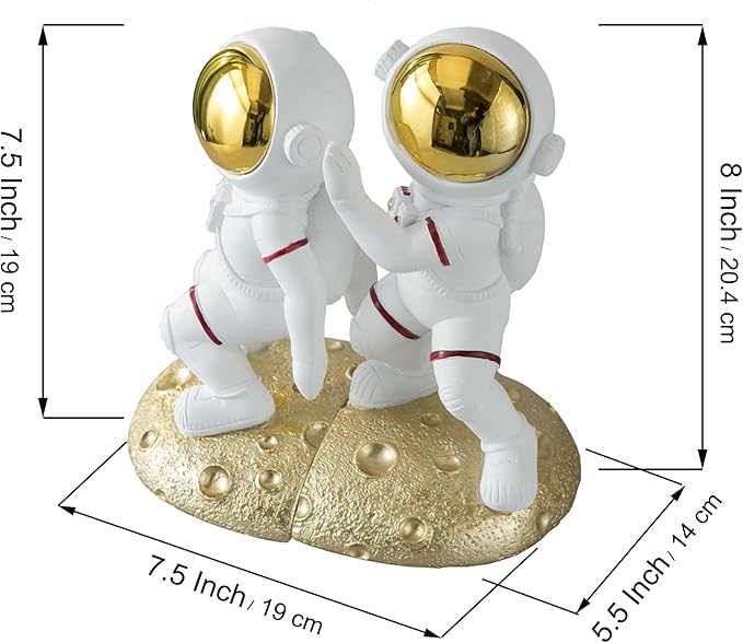 Space Theme Bookends for Shelves, Astronaut Moon Book Ends for Kids Room, Decorative Planet Book Stoppers to Hold Books Heavy Duty, Unique Boys and Girls Gift (Gold)