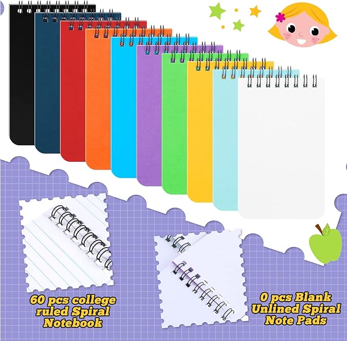 Sinmoe 120 Pack Small Spiral Notebooks 3x5 inch Mini Pocket Notepad Bulk Wire bound Top Spiral Memo Note Pads 60 College Ruled Notebook and 60 Blank Unlined Journals Assorted Steno Pads